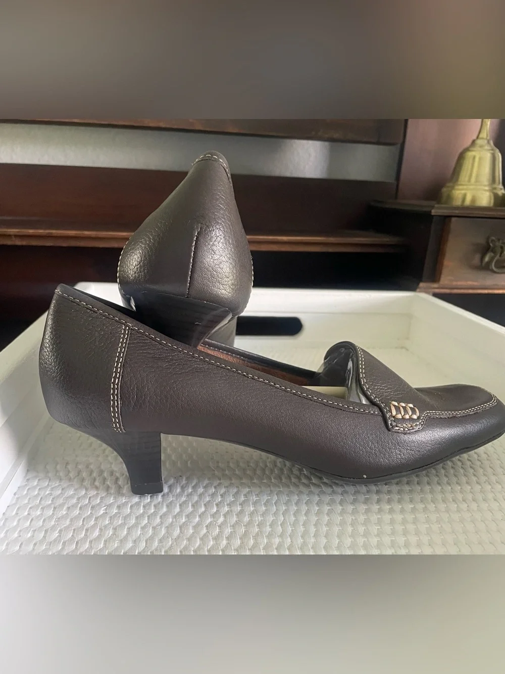 AEROSOLES Brown Low Heel Slip-On Pumps with Stitch Detail